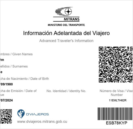 Example of an eVisa document for travel authorization to Cuba - Cuba Visa