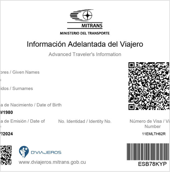 Example of an eVisa document for travel authorization to Cuba - Cuba Visa